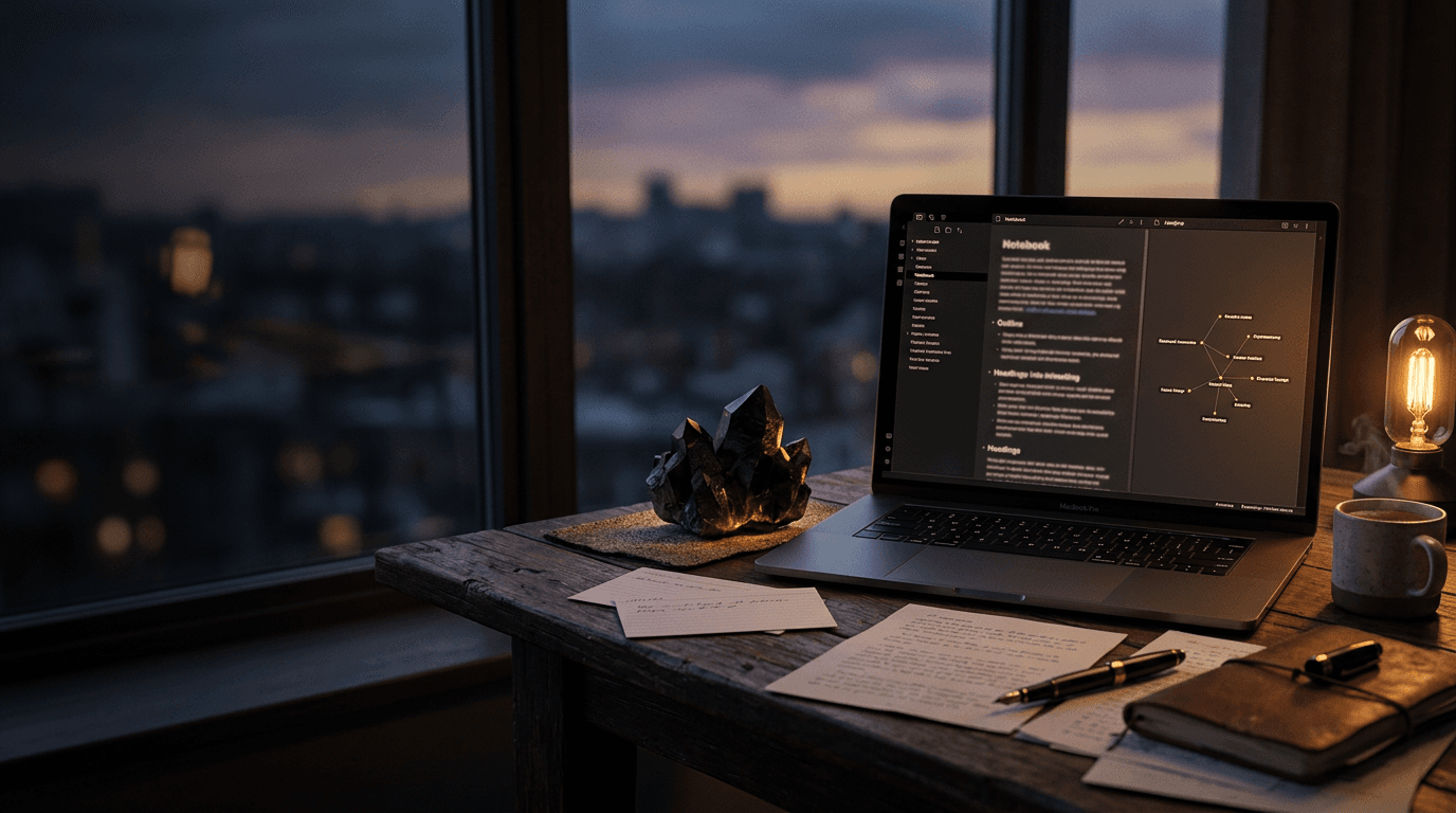 Desk scene representing a Talebuddy and Obsidian writing workflow