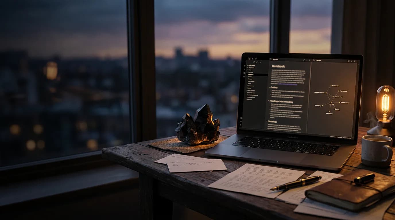 Desk scene representing a Talebuddy and Obsidian writing workflow