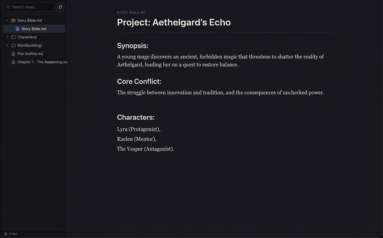 Story bible view inside the Talebuddy vault