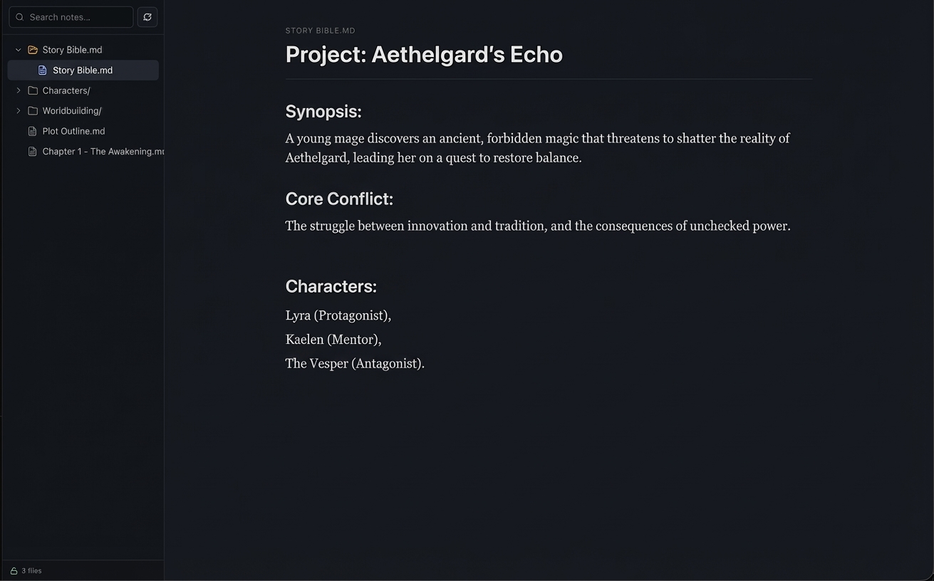 Story bible document visible in the Talebuddy vault